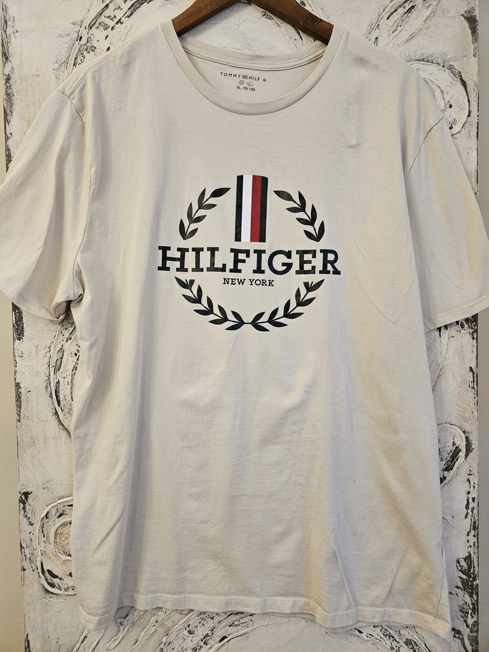 Tommy Hilfiger Cream Tee with Navy Logo and Red-White Stripe